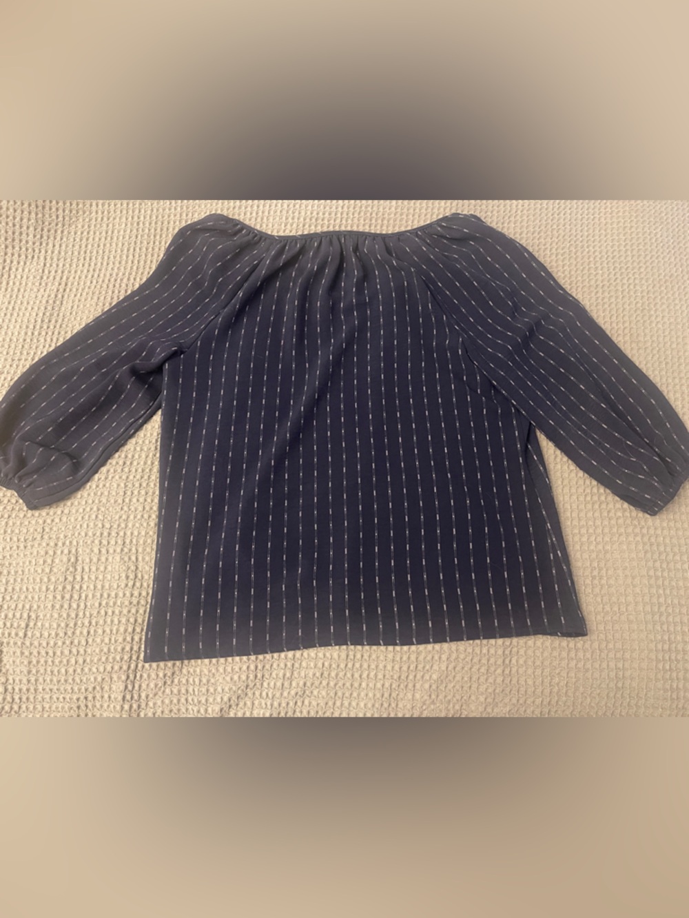 Navy Vertical-Stripe Peasant Blouse with Tie Neck - Picture 3 of 3